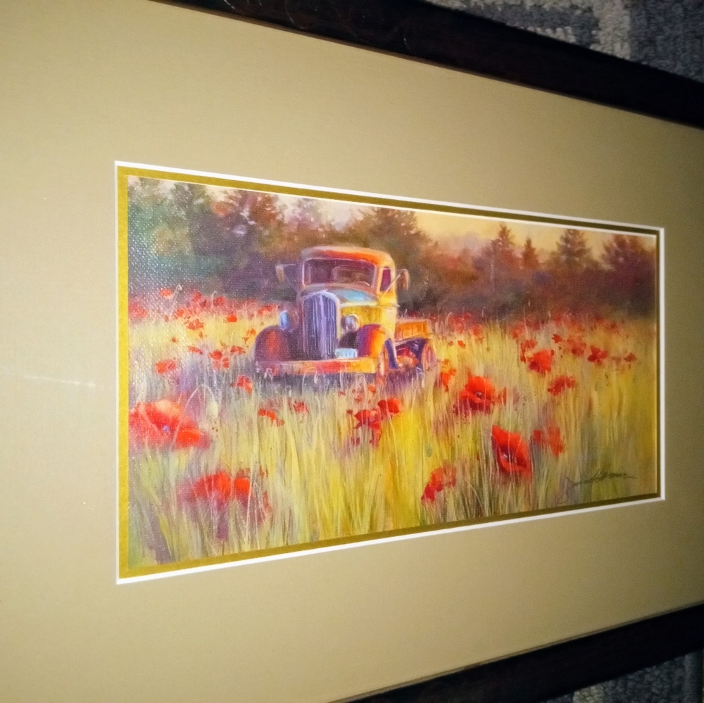 Jennifer Bowman Framed Signed Print of Truck in Field of Poppies